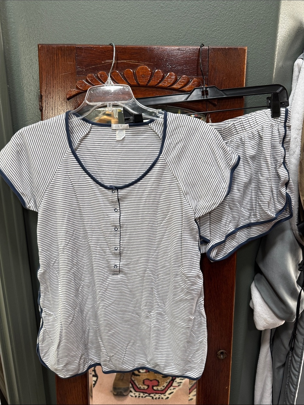 Striped Short Sleeve Pajama Set with Navy Trim